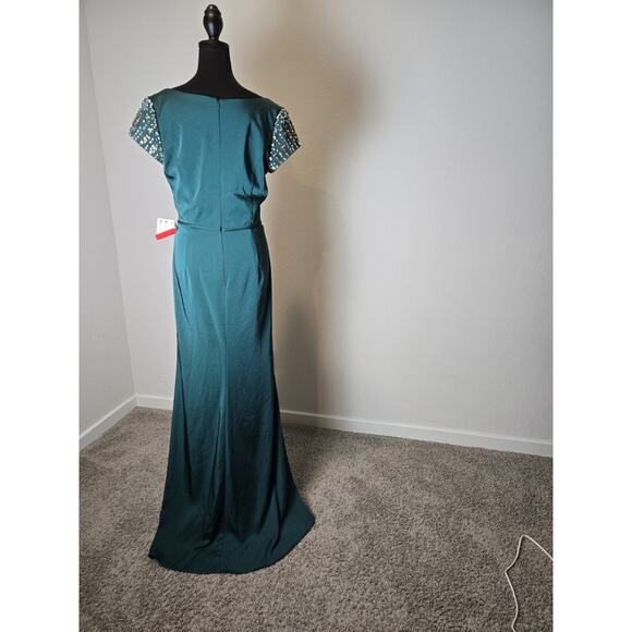 Mac Duggal Bateau Neck Embellished Cap Sleeve Gown #55718 Emerald Green, Sz 10 - Picture 10 of 16